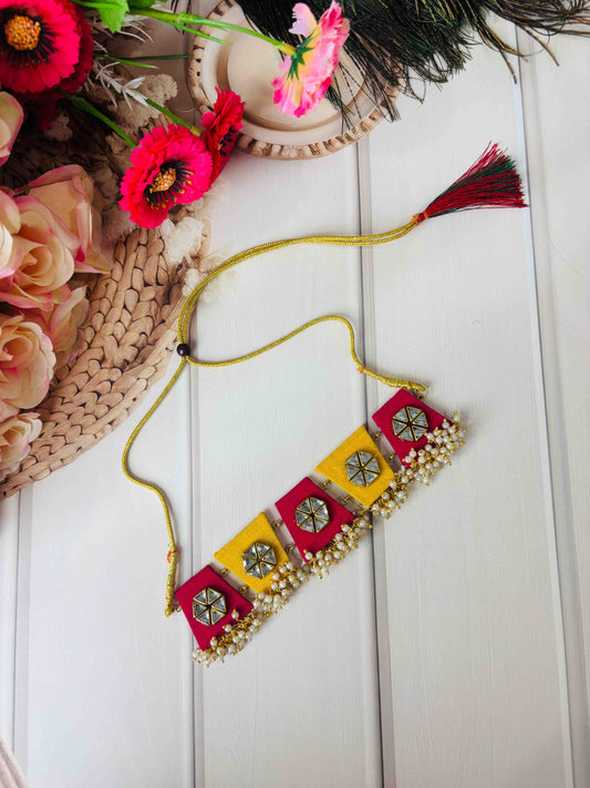 Red & Yellow Kundan Pearl Choker – Handmade Bridal & Festive Jewellery