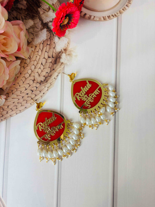 Personalized Wedding Earrings with Pearl Drops – Custom Name Bridal Jewellery