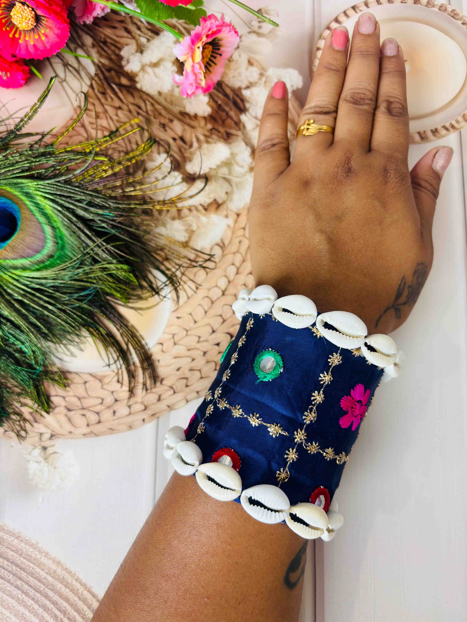 Navy Blue Cowrie Shell & Mirror Work Handmade Cuff Bangle