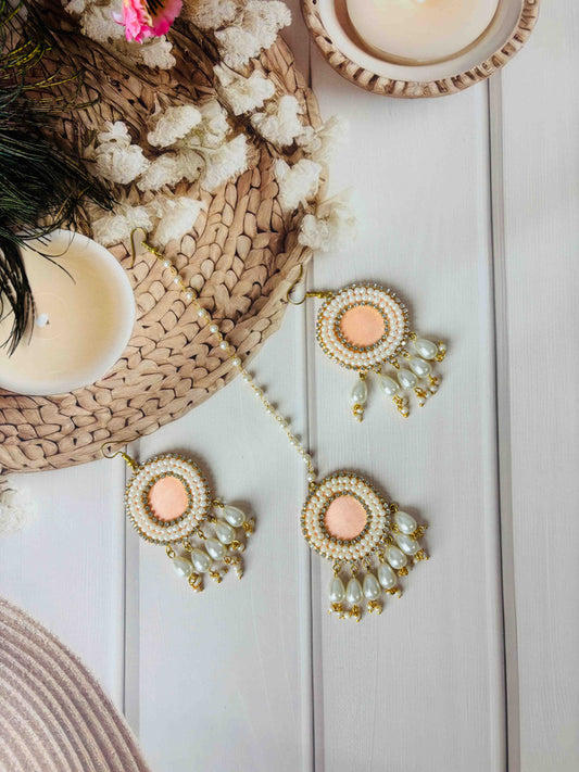 Peach Pearl Beaded Maang Tikka & Earrings Set – Handmade Haldi Mehendi Jewellery