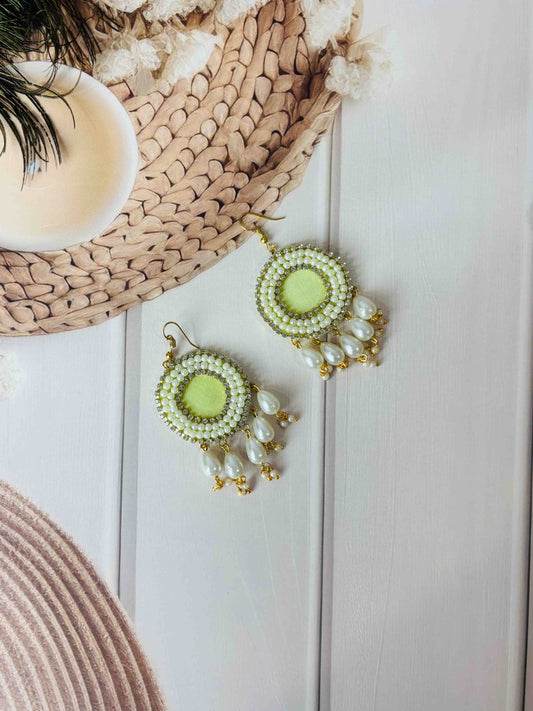 Light Green Pearl Drop Dangler Earrings – Handmade Haldi Mehendi Jewellery