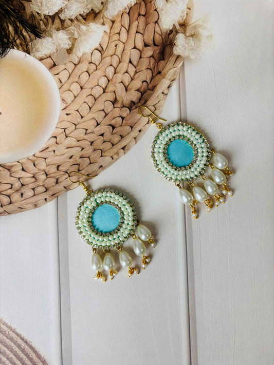 Aqua Blue & Pearl Drop Earrings – Handmade Floral Jewellery for Haldi & Mehendi