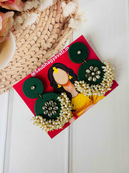 Green Kundan & Pearl Cluster Earrings – Handmade Haldi Mehendi Jewellery