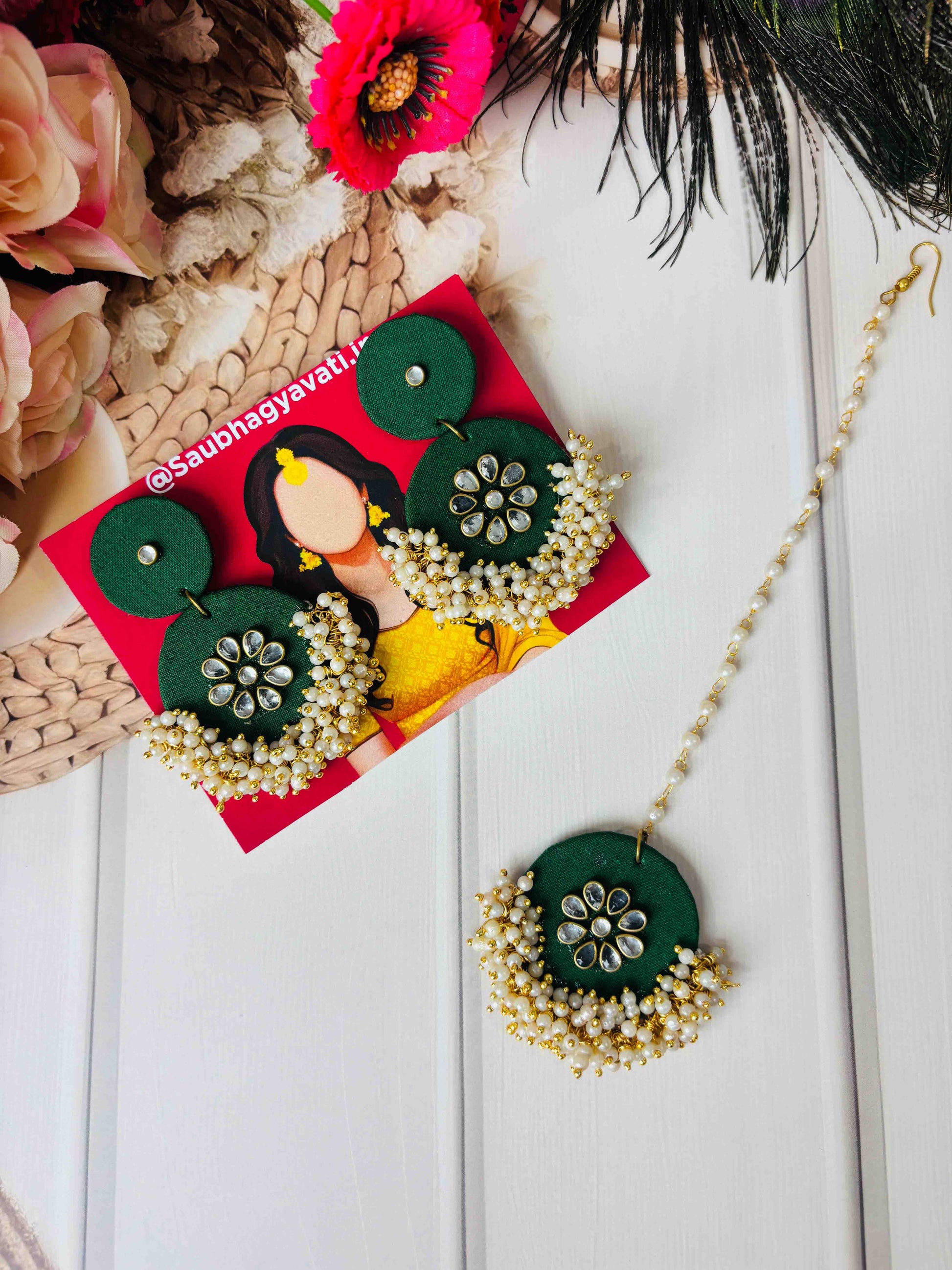 Green Kundan & Pearl Earring with Maang Tikka Set – Handmade Bridal & Festive Jewelry
