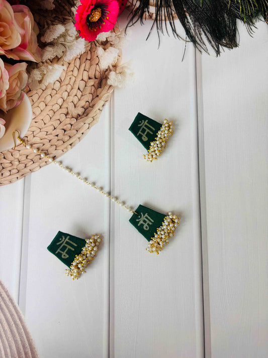 Green Fabric & Pearl Cluster Maang Tikka Earrings Set – Handmade Haldi Mehendi Jewellery
