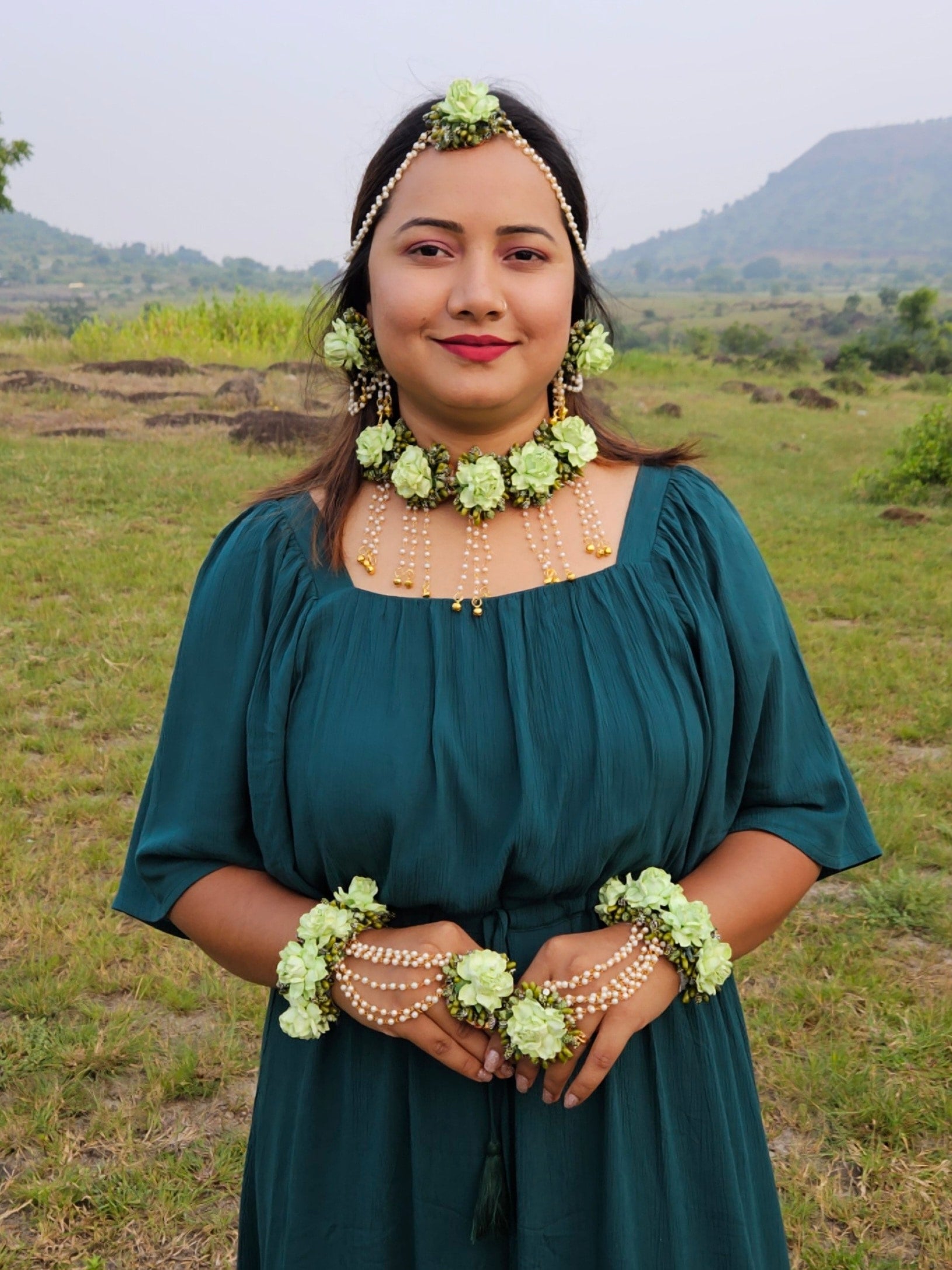 Green Floral Jewelry Set for Mehndi & Haldi – Perfect Handmade Wedding Accessory