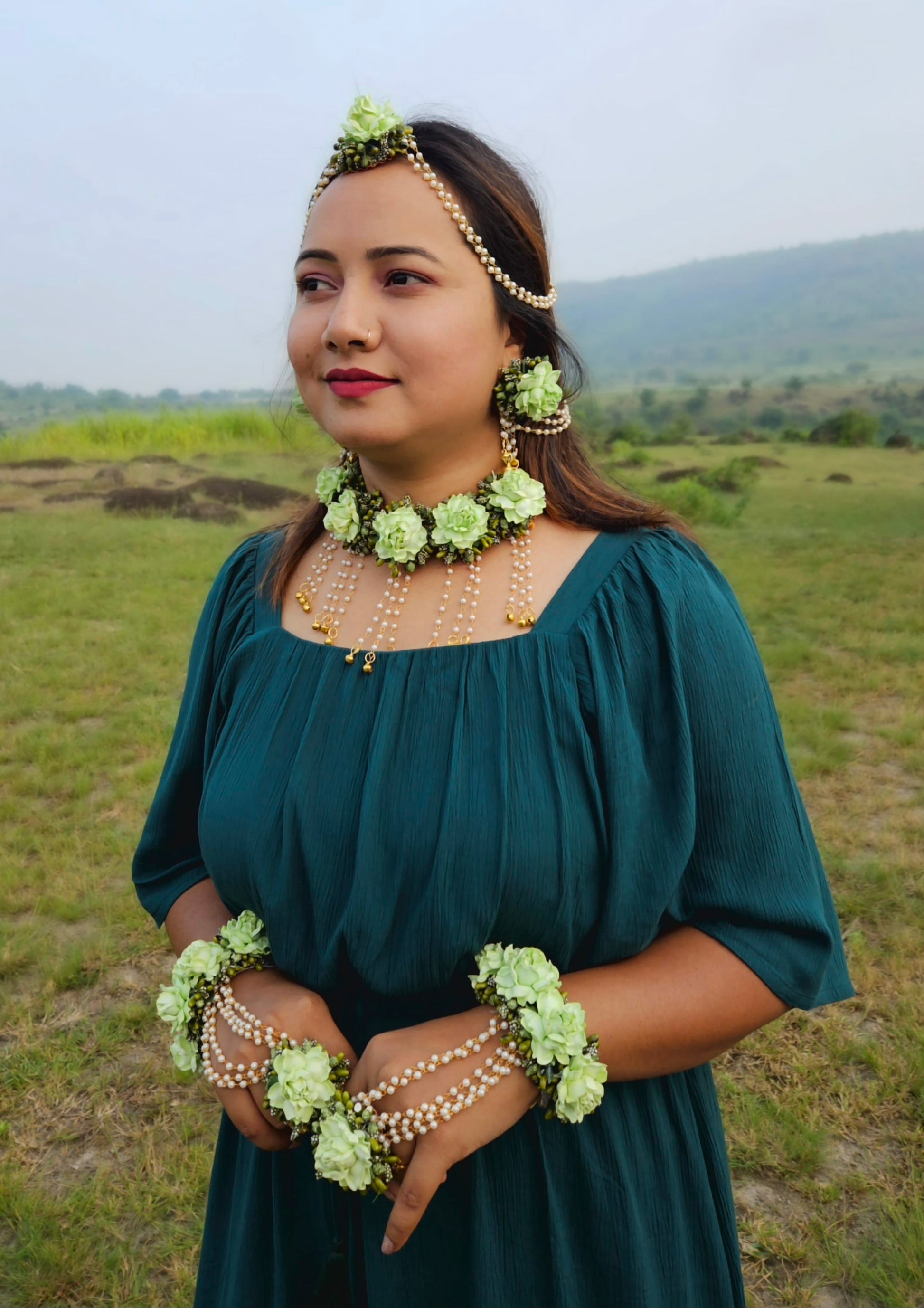 Green Floral Jewelry Set for Mehndi & Haldi – Perfect Handmade Wedding Accessory