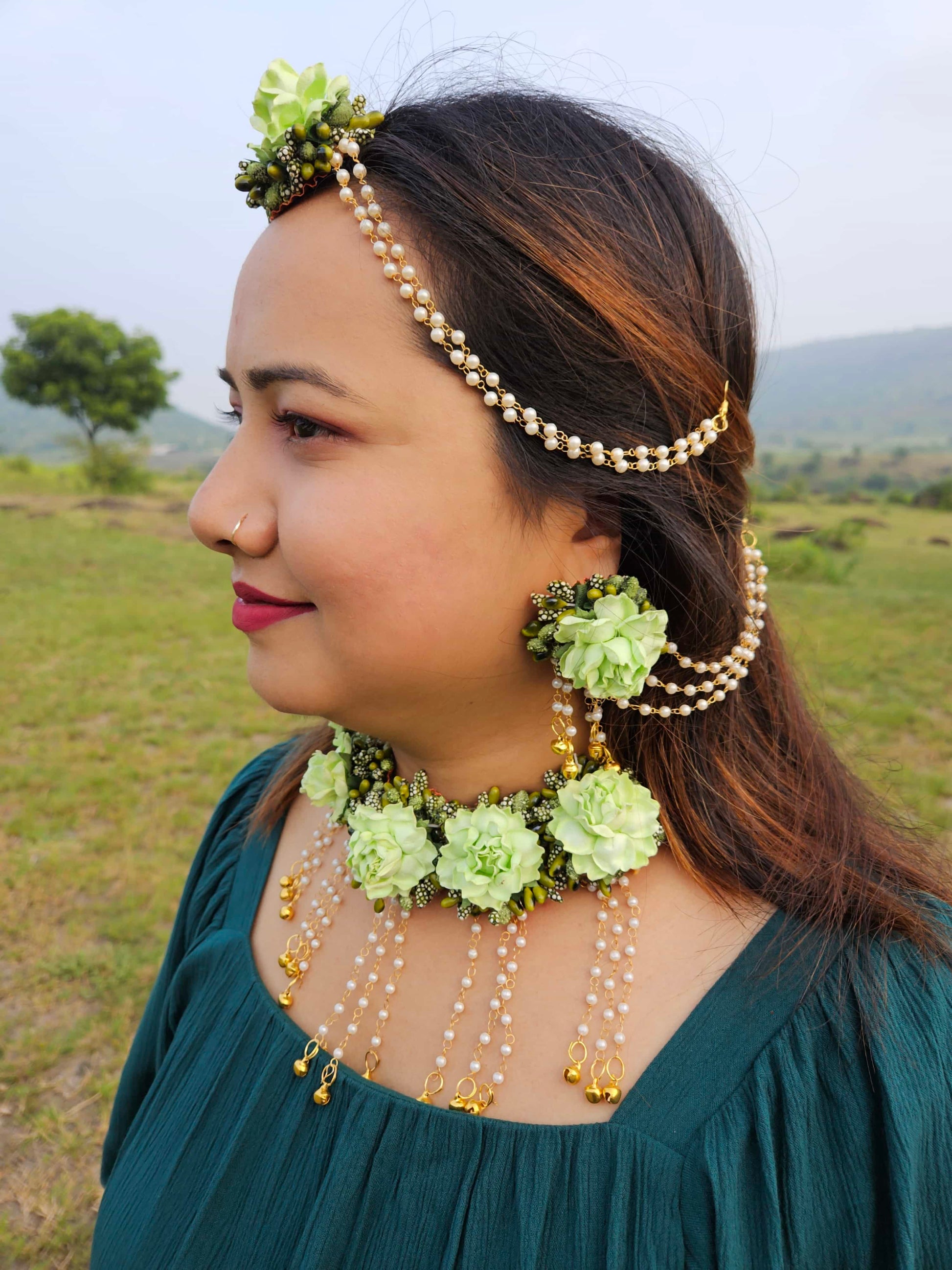 Green Floral Jewelry Set for Mehndi & Haldi – Perfect Handmade Wedding Accessory