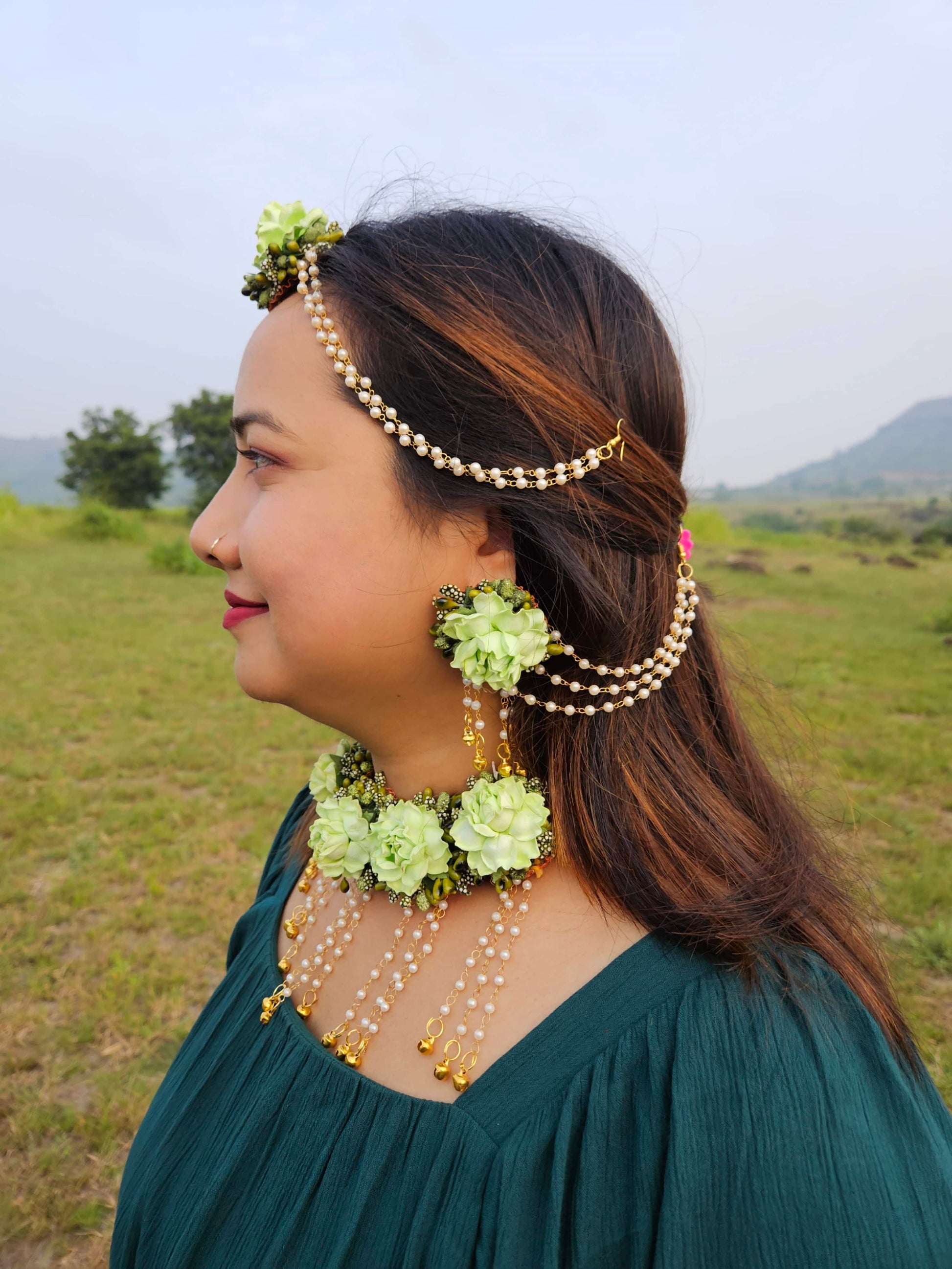 Green Floral Jewelry Set for Mehndi & Haldi – Perfect Handmade Wedding Accessory