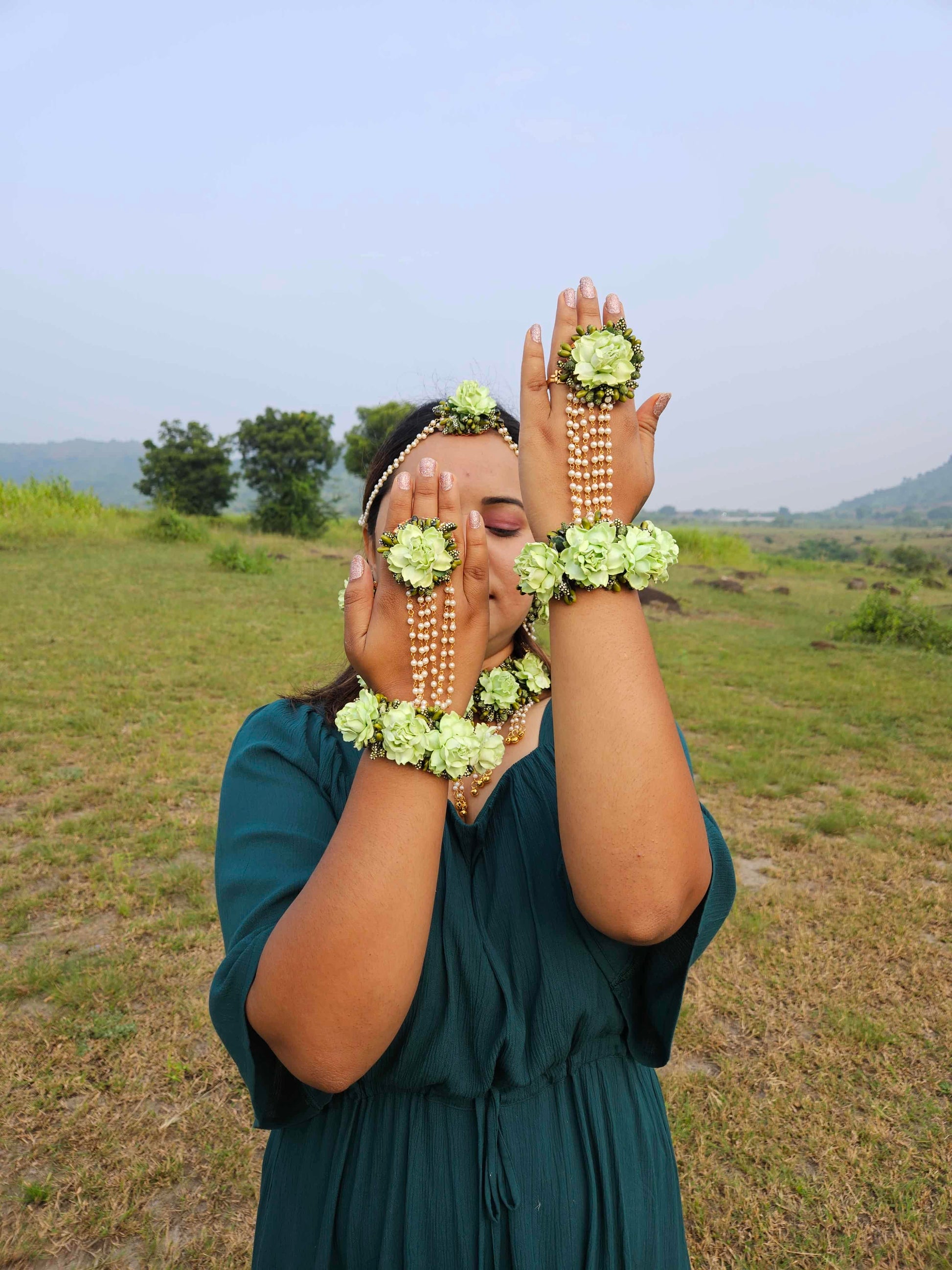 Green Floral Jewelry Set for Mehndi & Haldi – Perfect Handmade Wedding Accessory