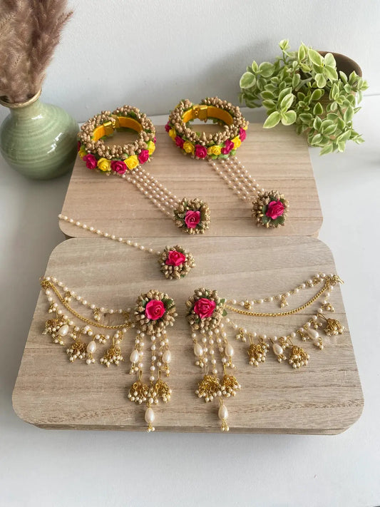 Haldi Mehandi Flower Jewellery Set with Bahubali Earrings