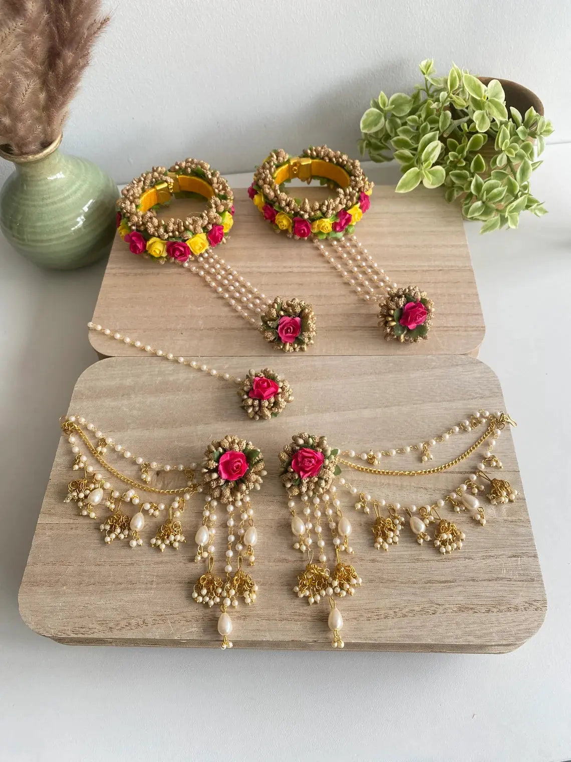 Haldi Mehandi Flower Jewellery Set with Bahubali Earrings Saubhagyavati.in