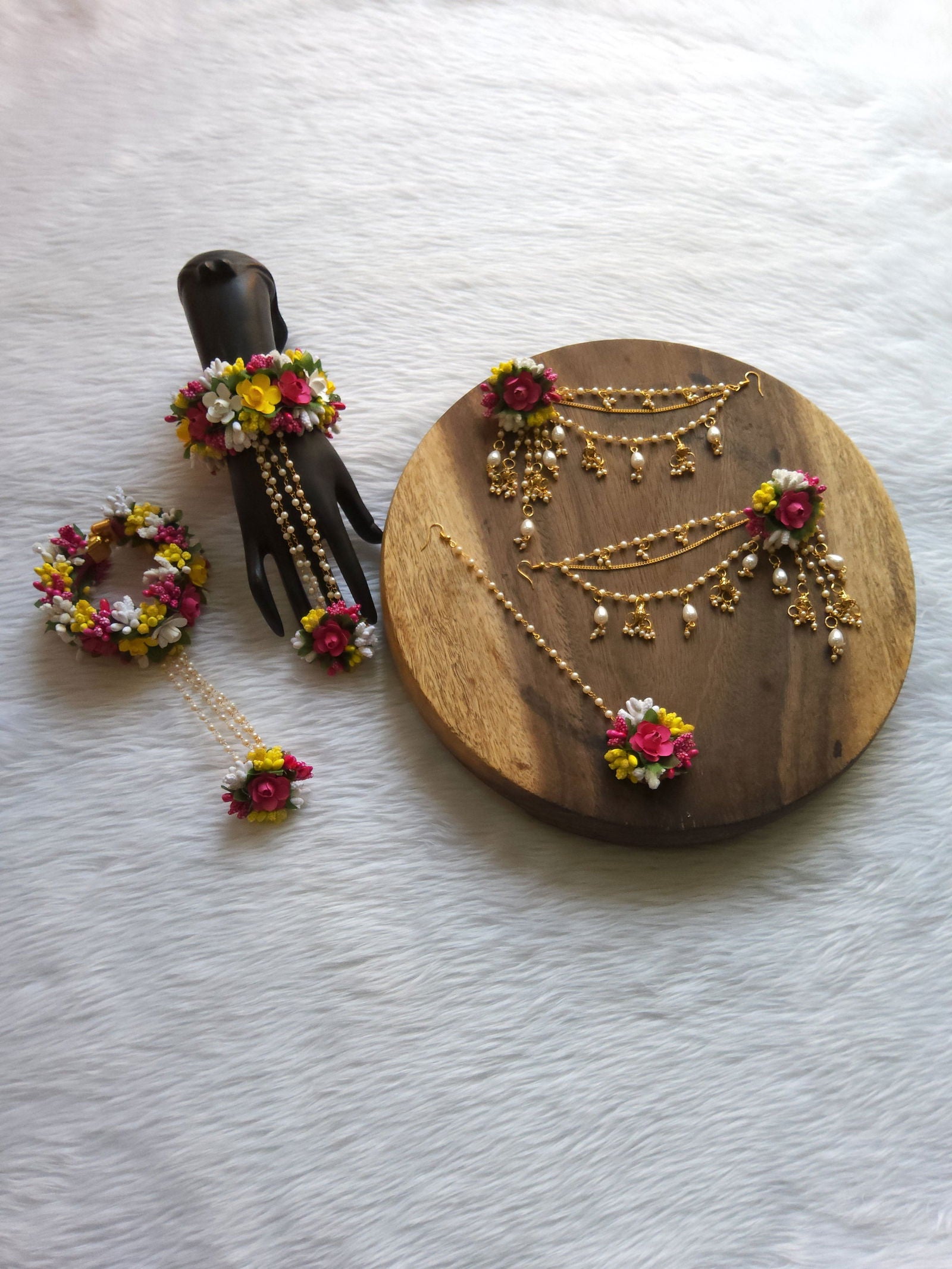 Haldi Mehandi Multicolor Flower Jewellery Set with Bahubali Earrings - Saubhagyavati.in