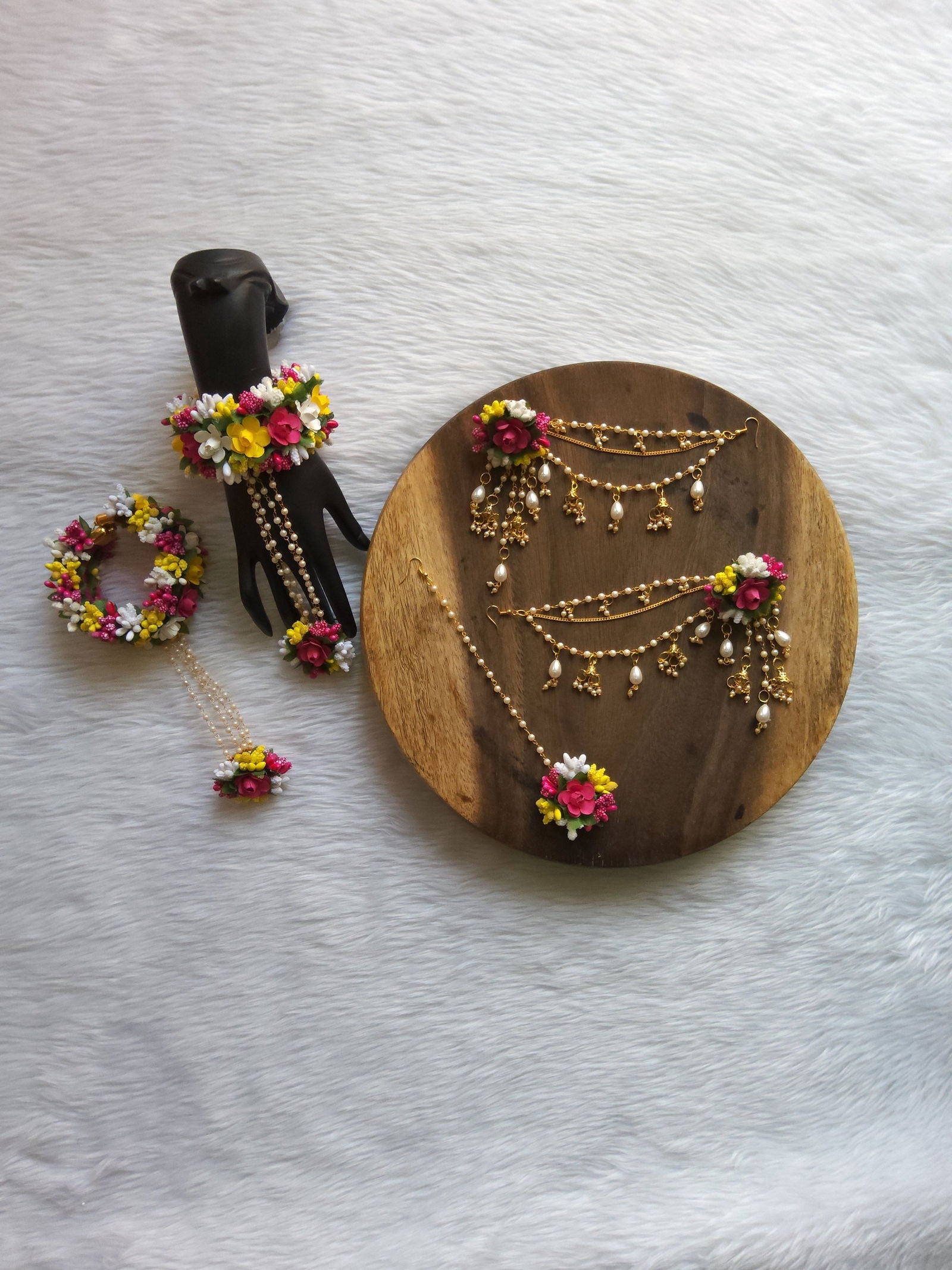 Haldi Mehandi Multicolor Flower Jewellery Set with Bahubali Earrings - Saubhagyavati.in