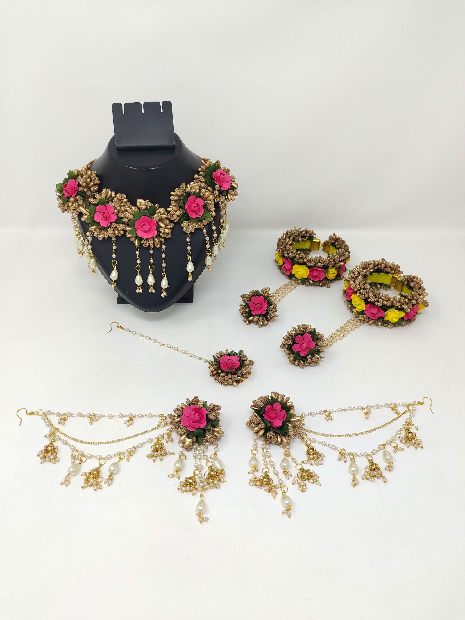 Haldi Mehndi Flower Jewellery Set with Bahubali Earrings and Necklace - Saubhagyavati.in