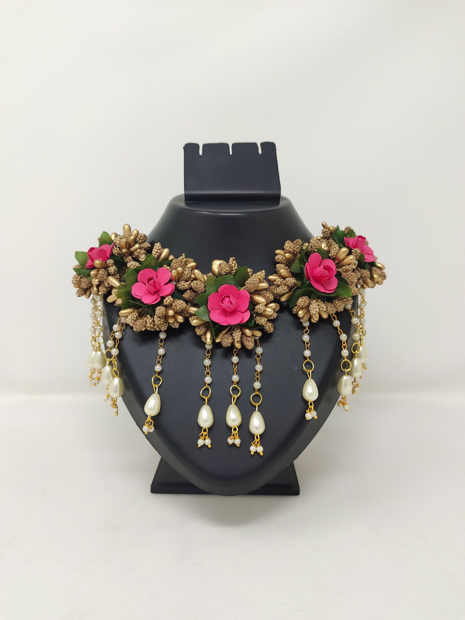 Haldi Mehndi Flower Jewellery Set with Bahubali Earrings and Necklace - Saubhagyavati.in