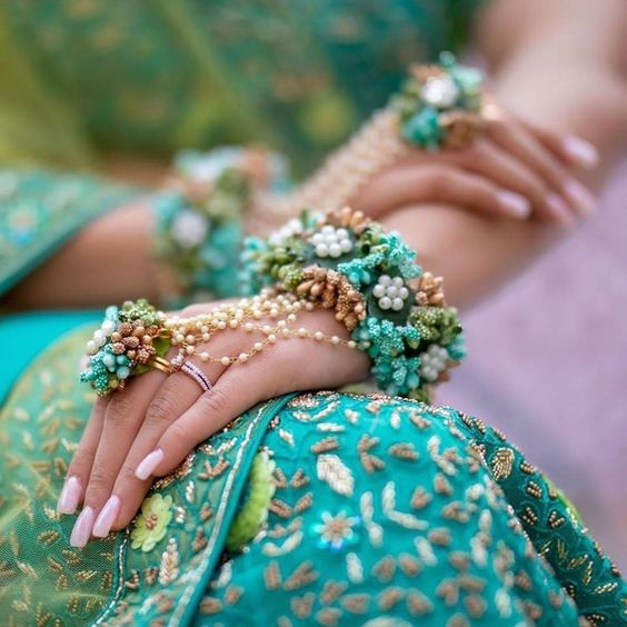 Haldi mehndi flower jewellery Hathphool in TEAL Color - Saubhagyavati.in