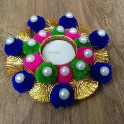Handmade Colorful Pom Pom Tea Light Candle Holder Saubhagyavati.in