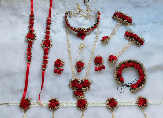 Red floral jewellery set for a baby shower ceremony Saubhagyavati.in