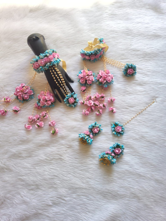 Blushing Blooms: Pink and Sky Blue Flower Jewelry for Mehandi and Baby Shower Festivities