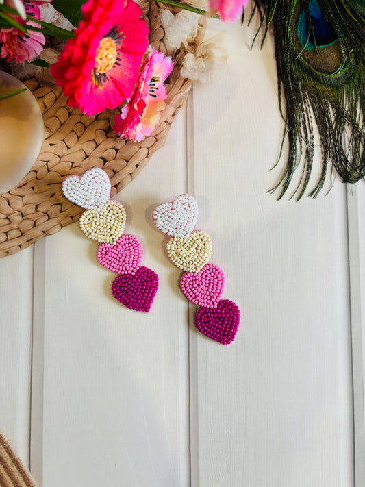 Pink & White Beaded Floral Earrings – Elegant Handmade Danglers