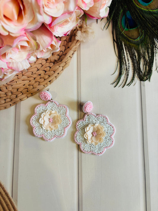 Pastel Beaded Floral Statement Earrings