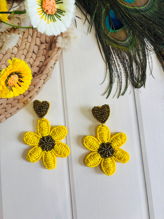 Yellow Sunflower Beaded Earrings – Bright, Bold & Handmade