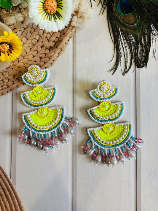Lime Yellow Multicolor Layered Beaded Earrings – Festive & Funky
