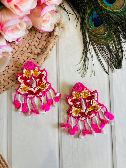 Pink Beaded Floral Drop Earrings