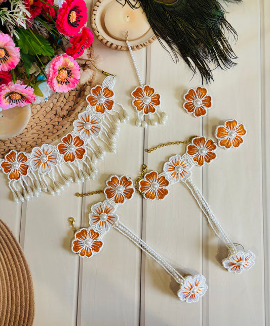 White & Orange Floral Beaded Jewelry Set – Necklace, Earrings, Maang Tikka & Hathphool
