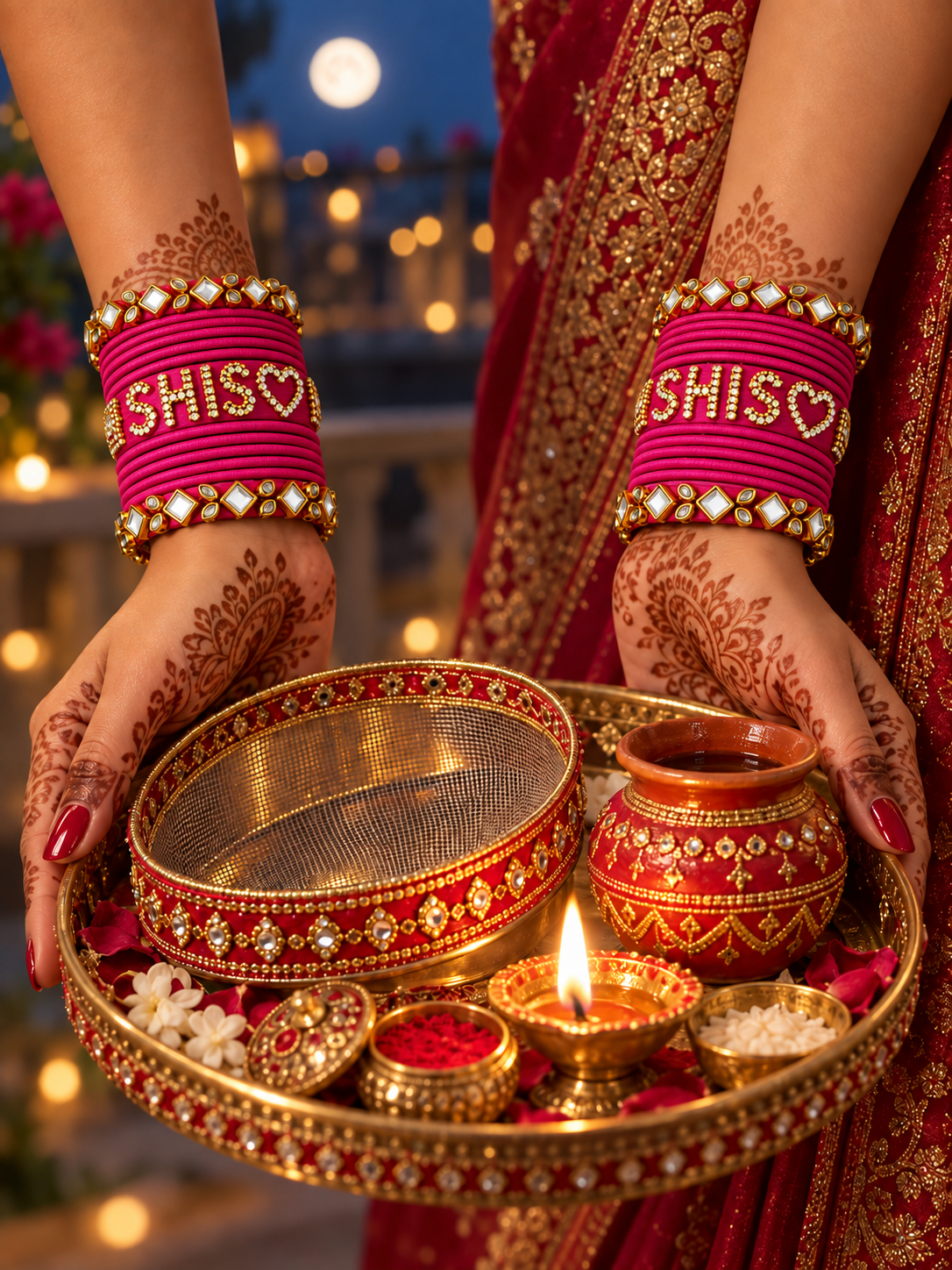 Karwa Chauth Name Chuda – Rani Pink Kundan Silk Thread Bangle Set