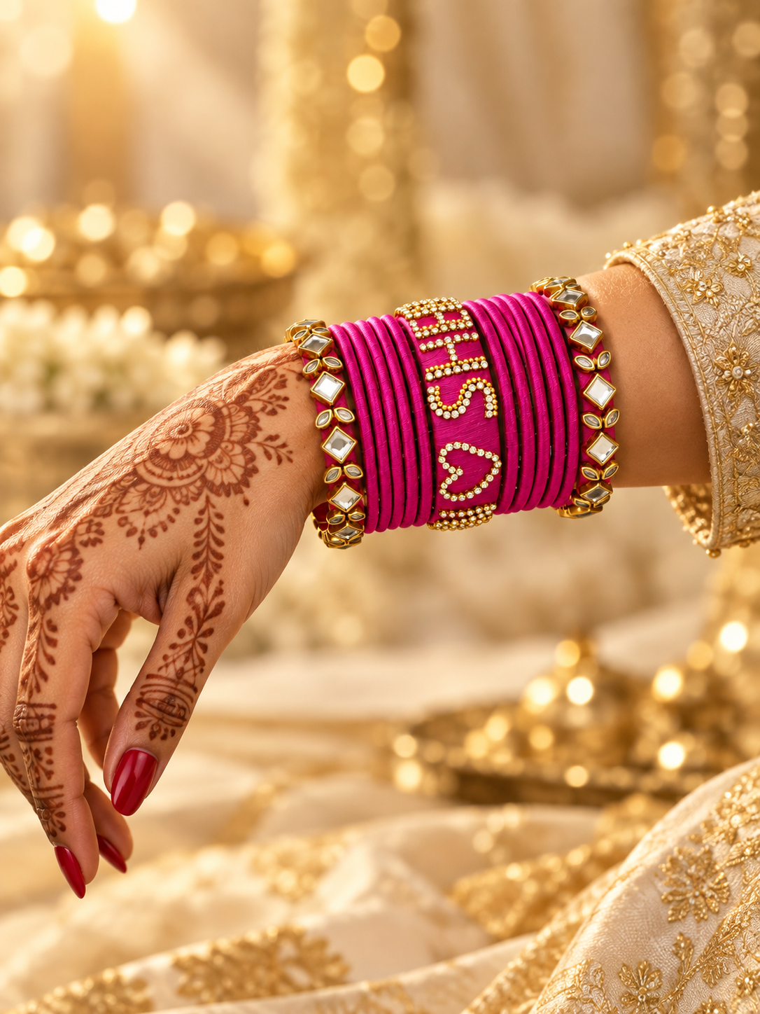 Karwa Chauth Name Chuda – Rani Pink Kundan Silk Thread Bangle Set