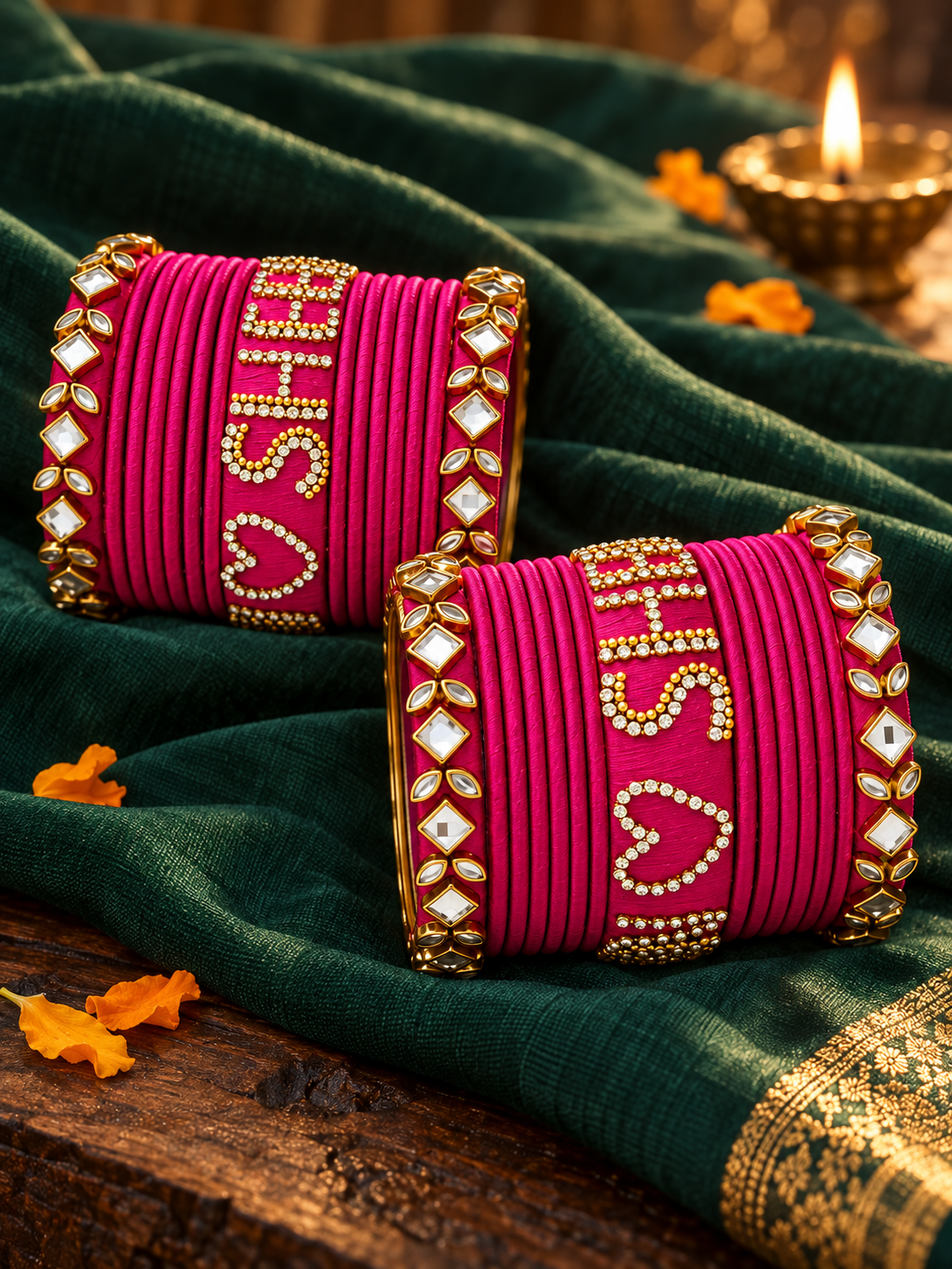 Karwa Chauth Name Chuda – Rani Pink Kundan Silk Thread Bangle Set