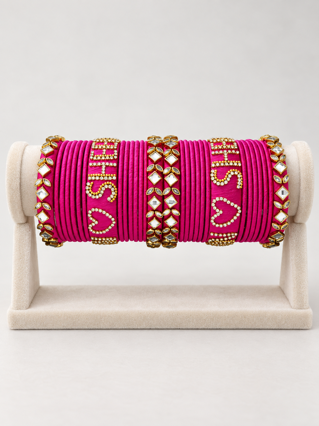 Karwa Chauth Name Chuda – Rani Pink Kundan Silk Thread Bangle Set