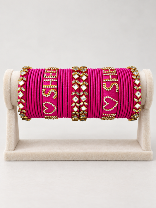 Karwa Chauth Name Chuda – Rani Pink Kundan Silk Thread Bangle Set