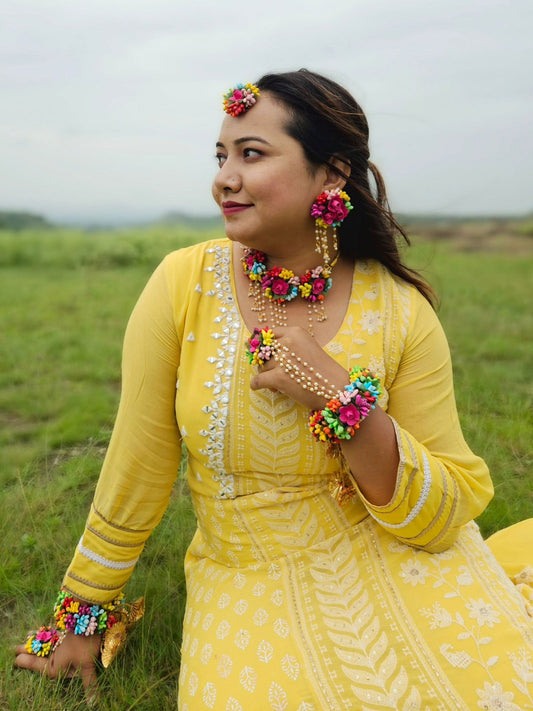 Multicolor Flower Jewellery set for Haldi and Wedding - Saubhagyavati.in