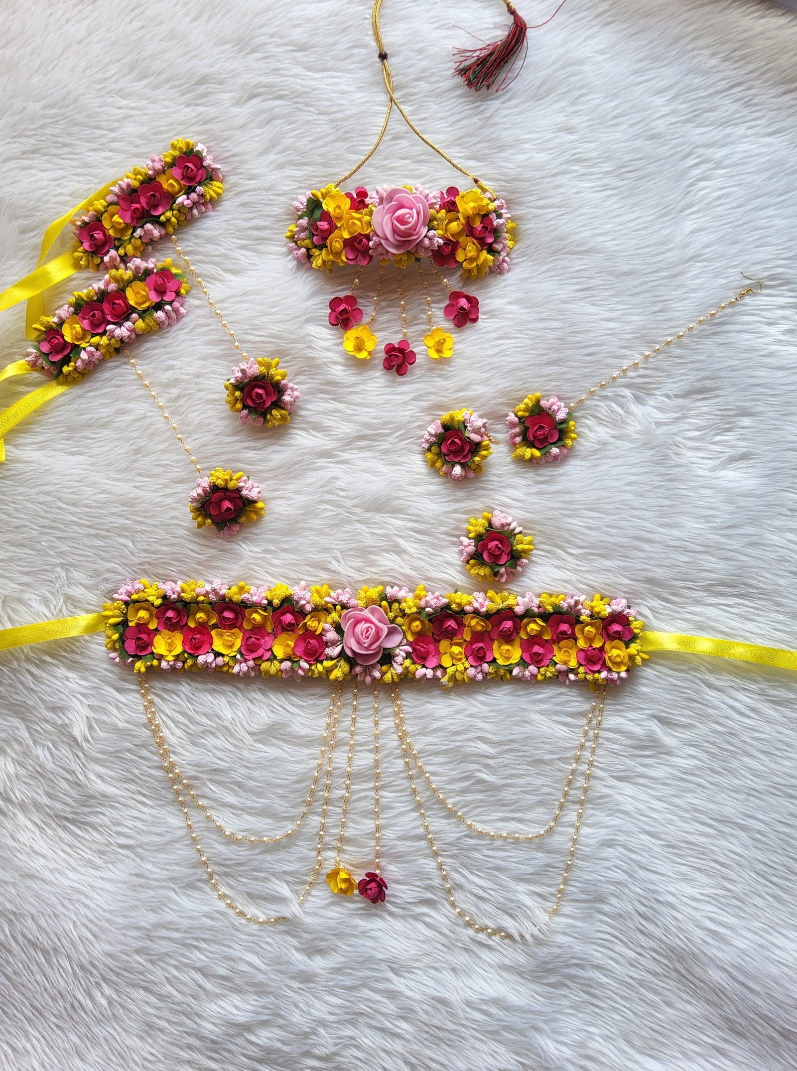 Multicolored flower jewellery with kamarbelt - Saubhagyavati.in