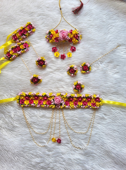 Multicolored flower jewellery with kamarbelt - Saubhagyavati.in