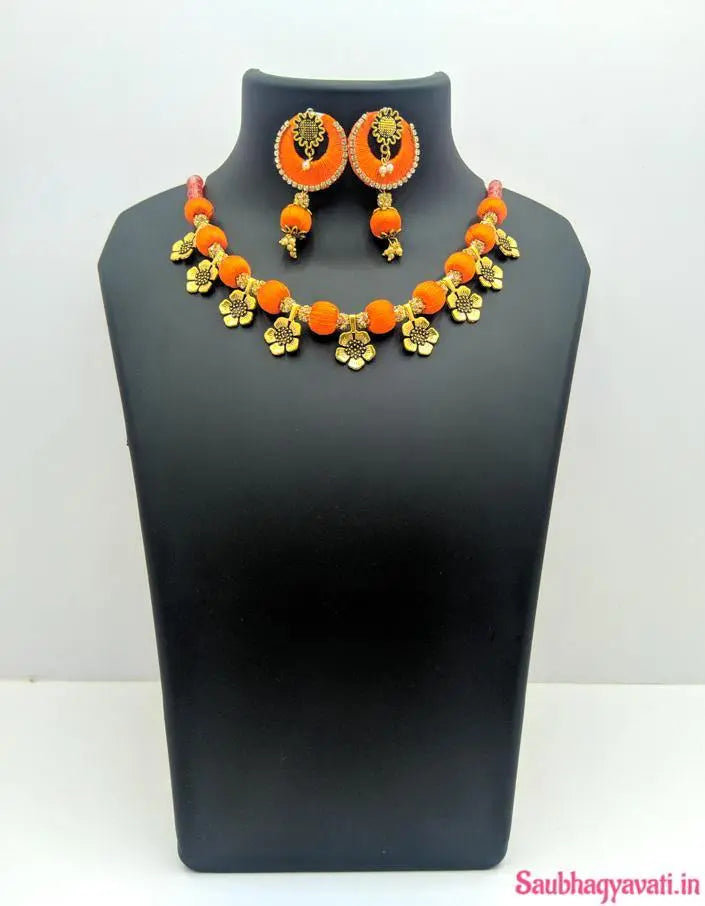 Orange Beads Short Silk Thread Necklace with Flower Pendent Design Saubhagyavati.in
