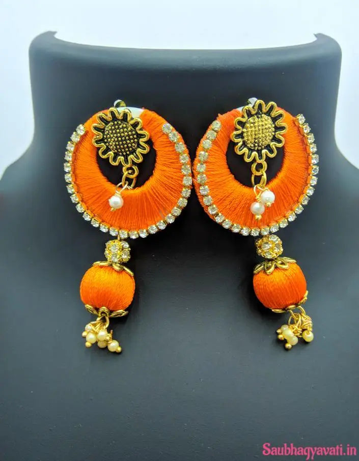 Orange Beads Short Silk Thread Necklace with Flower Pendent Design Saubhagyavati.in
