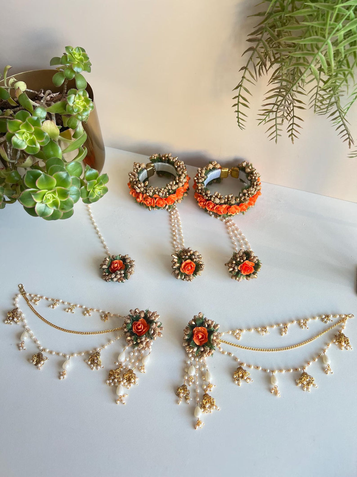 Haldi Mehndi Flower Jewellery Set with Bahubali Earrings floral jewellery for haldi