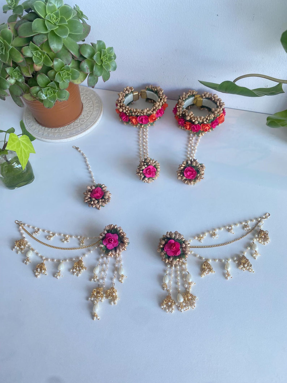 Haldi Mehndi Flower Jewellery Set with Bahubali Earrings floral jewellery for haldi