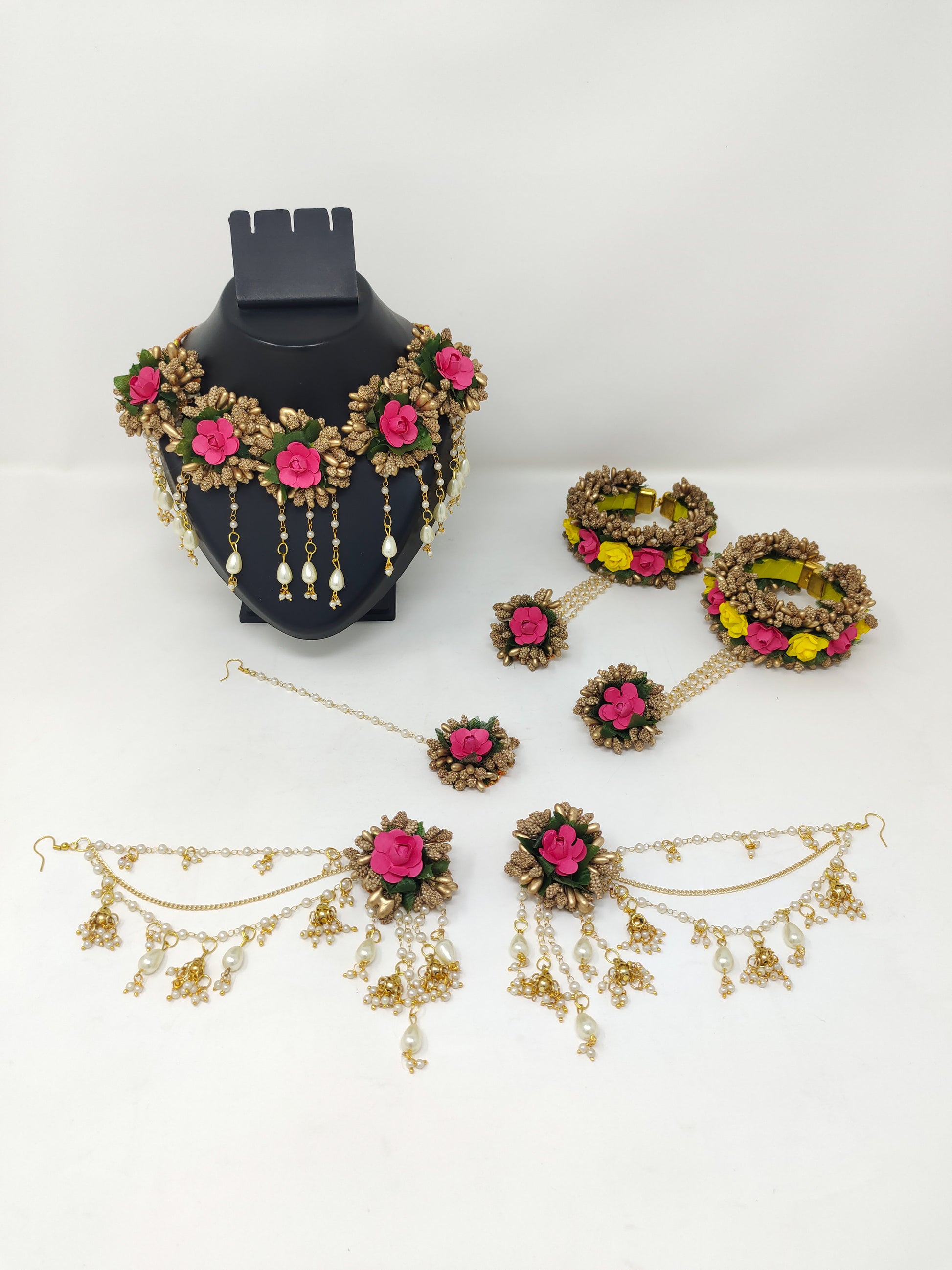 Haldi Mehndi Flower Jewellery Set with Bahubali Earrings and Necklace Saubhagyavati.in