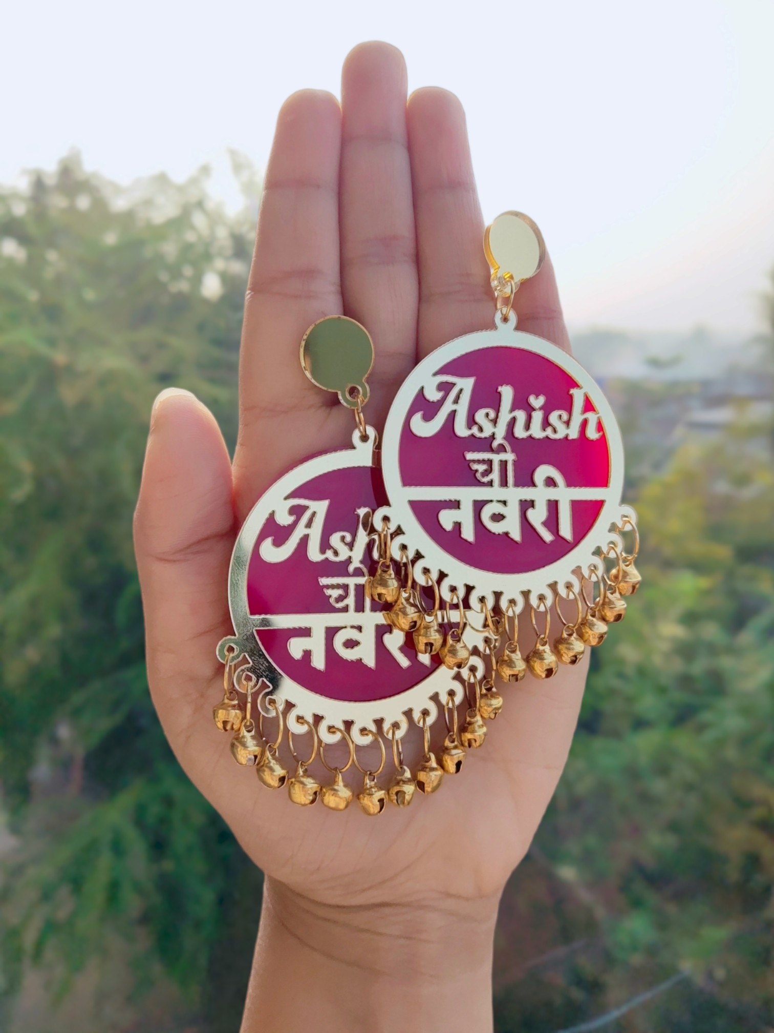 "Customized design of Navri Earrings, written and curated in Marathi, for Dulhaniya earrings, in Dark pink color