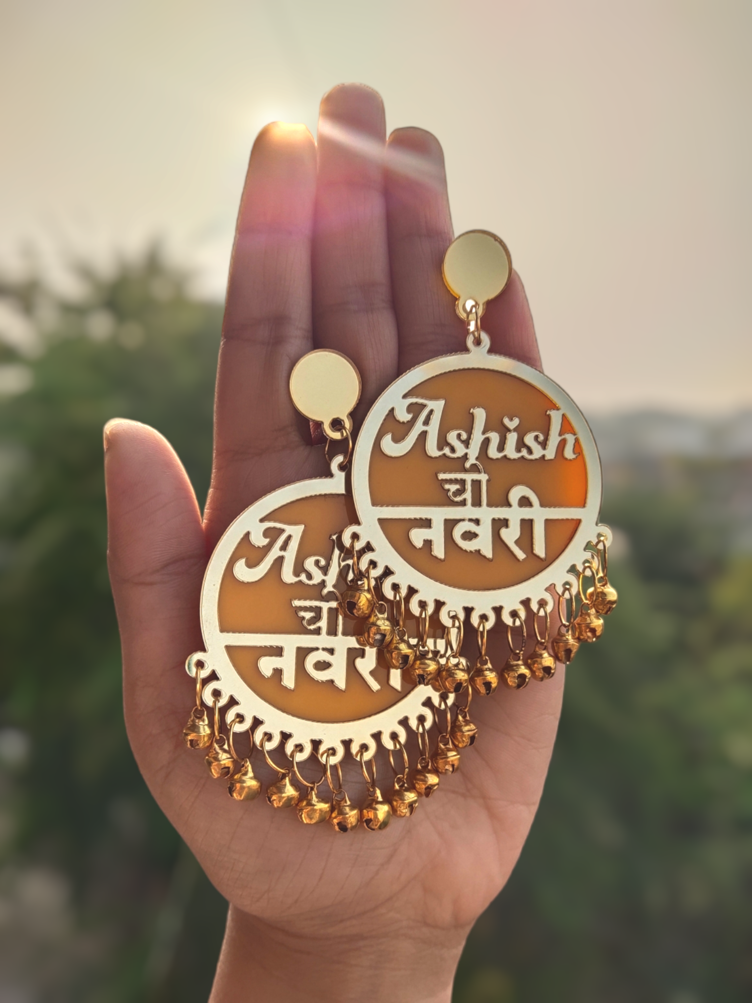"Customized design of Navri Earrings, written and curated in Marathi, for Dulhaniya earrings, in yellow color
