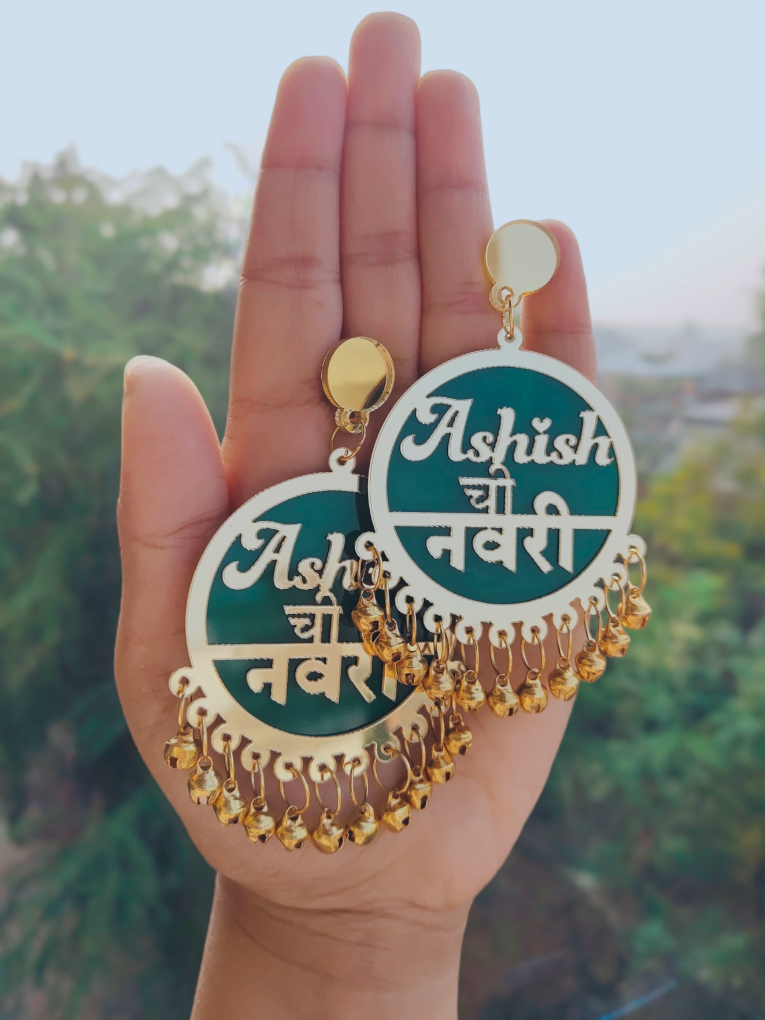 Customized design of Navri Earrings, written and curated in Marathi, for Dulhaniya earrings, in green  color