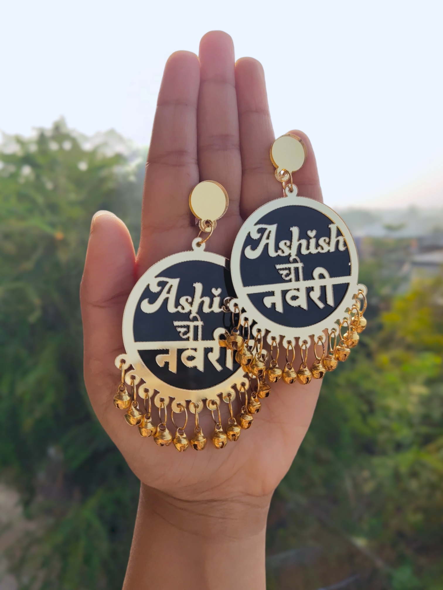 Customized design of Navri Earrings, written and curated in Marathi, for Dulhaniya earrings, in black color