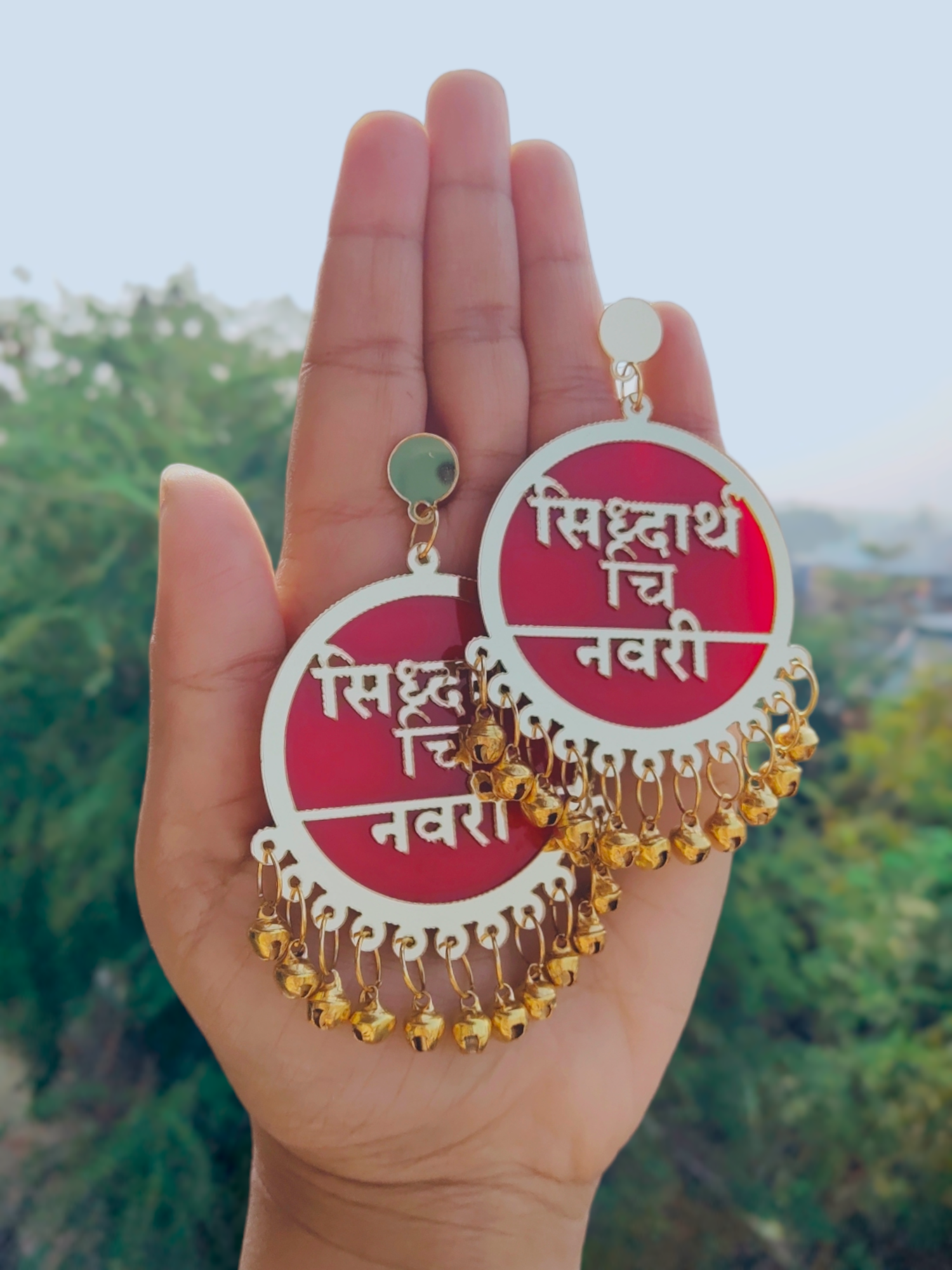 Rich red Dulhaniya earrings featuring intricate designs and personalized text in Hindi and Marathi, showcasing impeccable craftsmanship and cultural grandeur