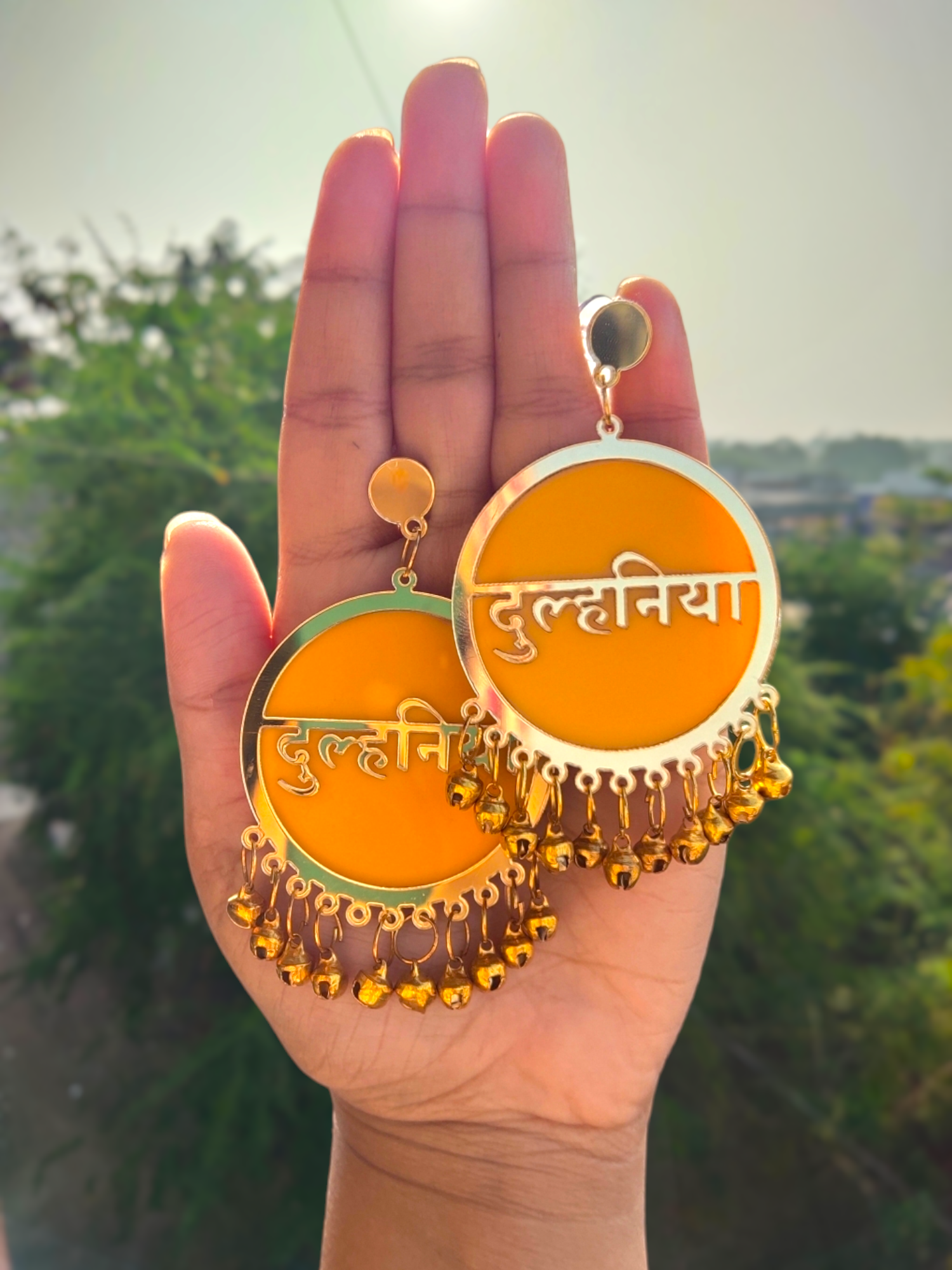 Dulhaniya Earrings for Haldi, Mehndi. Dulhaniya text written in earrings in yellow color