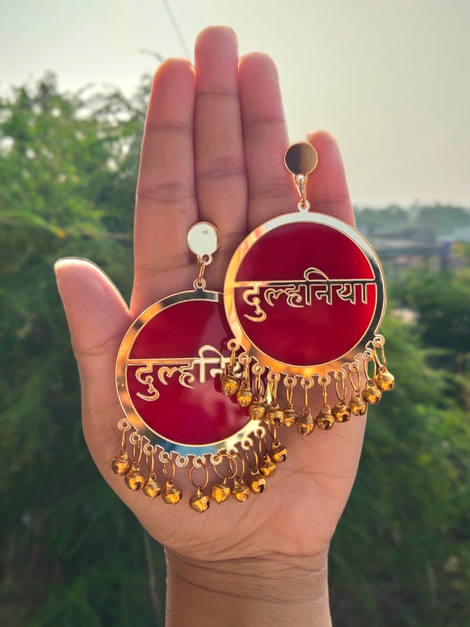 Dulhaniya Earrings for Haldi, Mehndi. Dulhaniya text written in earrings in Red color